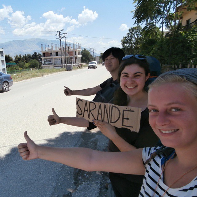 three hitchhikers Albania Saranda Sarandë three people hitchhiking together shqiperia