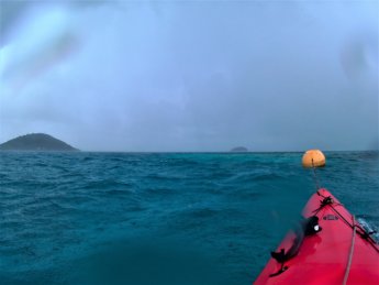 29 buoy orange kayaking Caribbean Sea Crab Cay Colombia rain storm