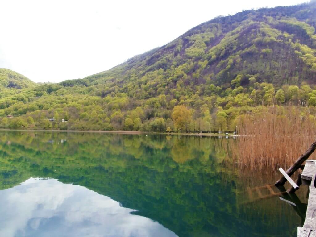 Boračko Lake hitchhiking Sarajevo Mostar Konjic Bosnia and Herzegovina BiH jetty reflection mountains forest