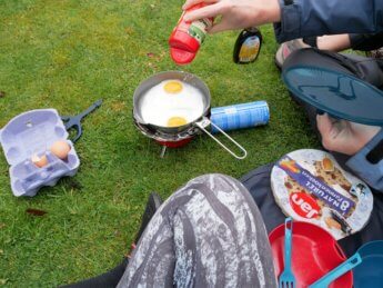 kayak trip inflatable canoe sevylor adventure plus test camping stove cooking egg parmesan