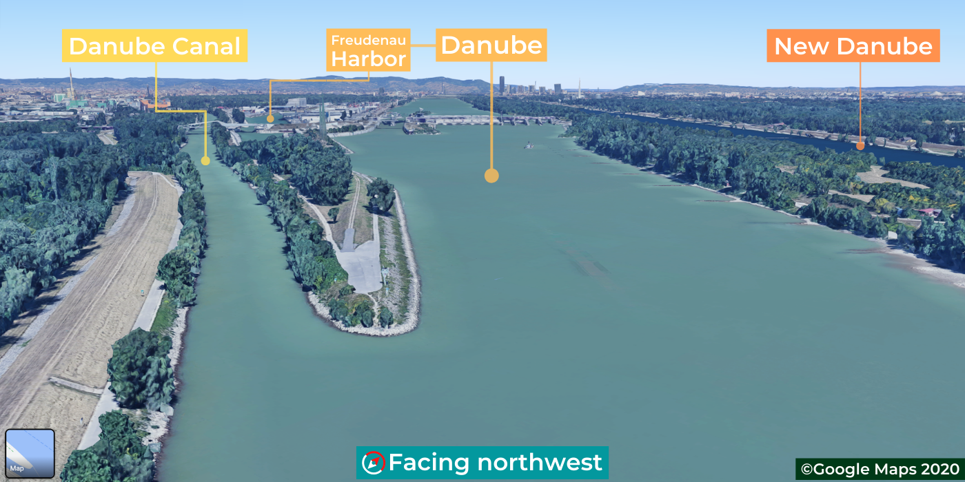 Donaukanal, Neue Donau, Haupt Donau, Danube Canal channel, New Danube, Main Danube