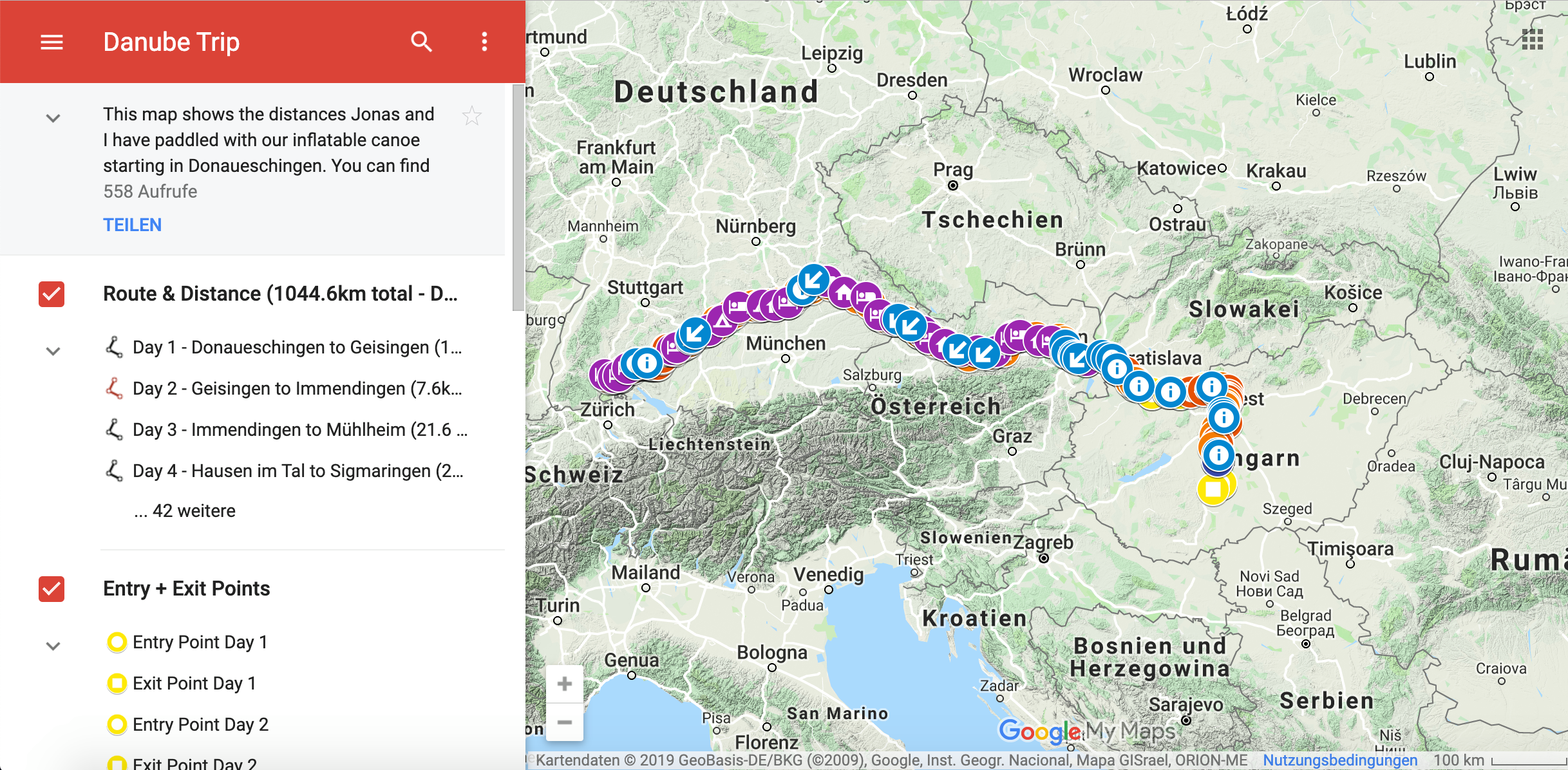 interactive map kayak canoe trip danube river europe work digital nomad