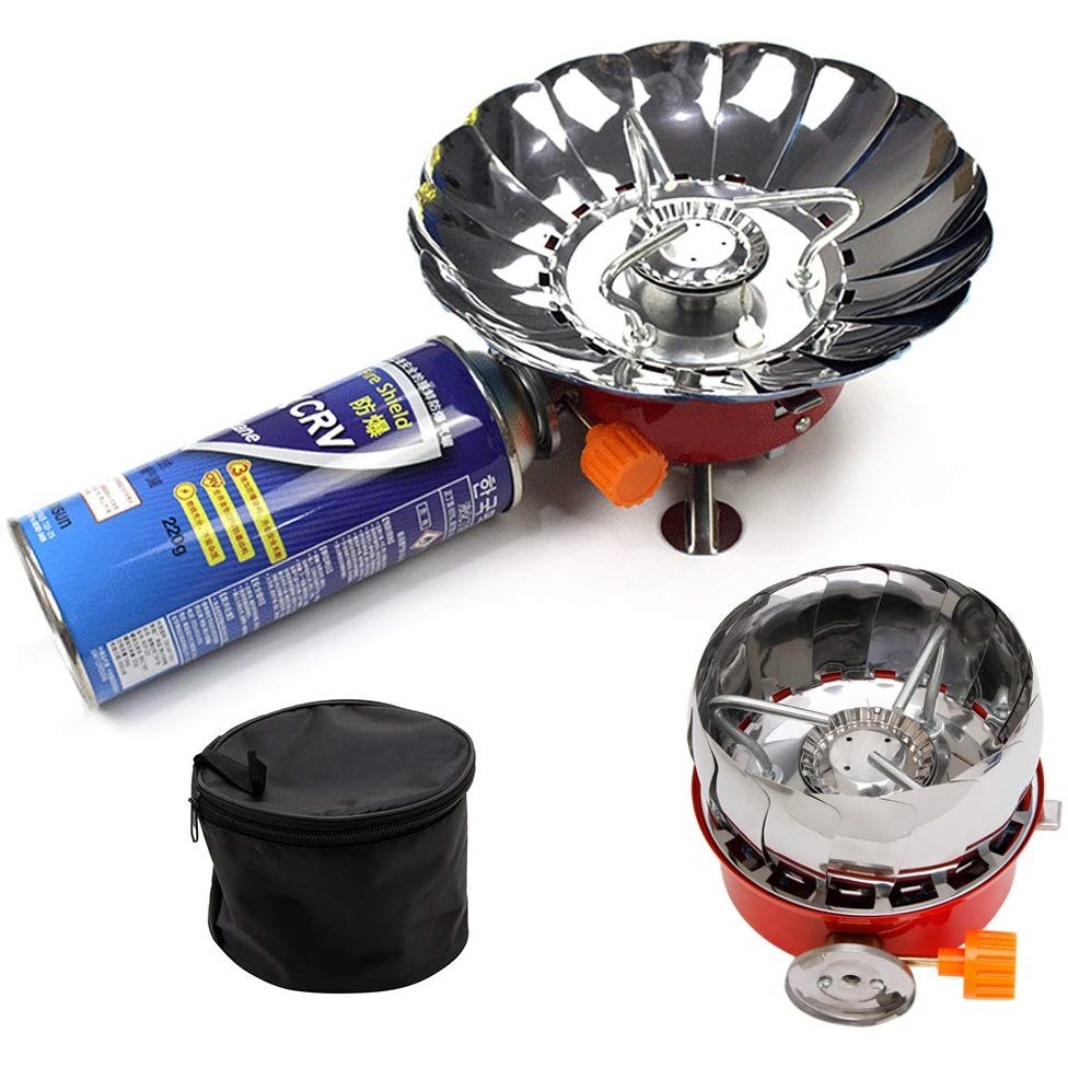 Camping stove built in windscreen