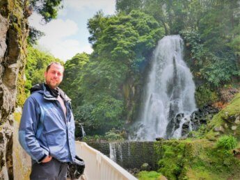 Jonas at Cascata da Ribeira dos Caldeirões São Miguel island azores scooter road trip motorbike rental