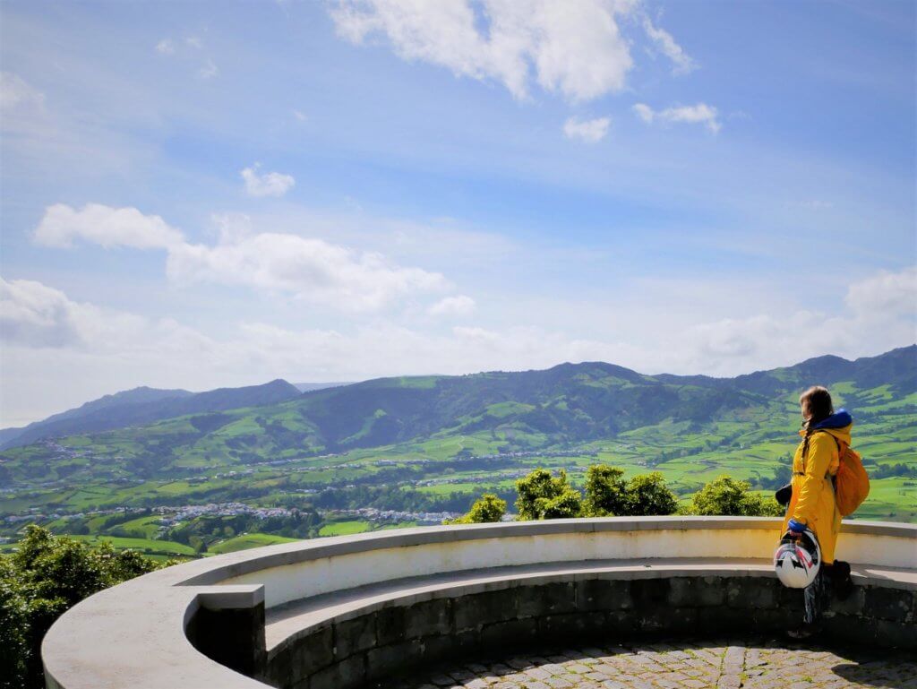 motorbike scooter rental São Miguel island Ponta Delgada Azores viewpoint miradouro road trip CLOSEUP