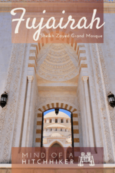 Want to visit a mosque but you aren't a Muslim? This is one spectacular mosque to visit in the UAE: the Sheikh Zayed Grand Mosque in Fujairah on the east coast. Read the post to learn more! #UAE #UnitedArabEmirates #GulfofOman #Fujairah #mosque #Islam #Muslim #NonMuslim #islamicarchitecture #architecture #ottoman #moorish #ottomanarchitecture #minaret #dome #cupola #guidedtour #GrandMosque #travel