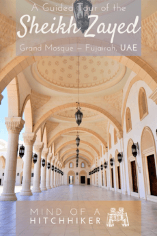 Want to visit a mosque but you aren't a Muslim? This is one spectacular mosque to visit in the UAE: the Sheikh Zayed Grand Mosque in Fujairah on the east coast. Read the post to learn more! #UAE #UnitedArabEmirates #GulfofOman #Fujairah #mosque #Islam #Muslim #NonMuslim #islamicarchitecture #architecture #ottoman #moorish #ottomanarchitecture #minaret #dome #cupola #guidedtour #GrandMosque #travel