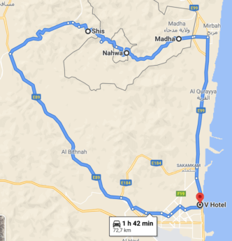 Screen Shot route trip map Fujairah Madha and Nahwa Shis Omani donut hole