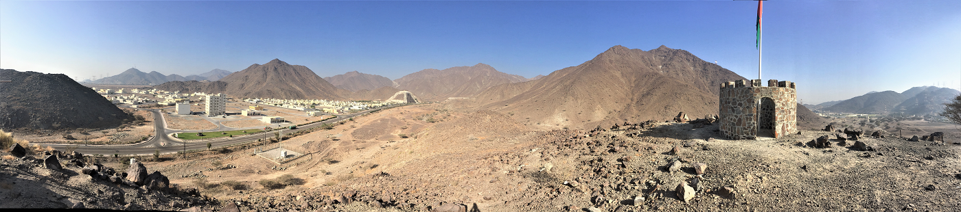 23 Madha Oman exclave panorama tower waterfall Sultan road Hajar Mountains UAE Nahwa