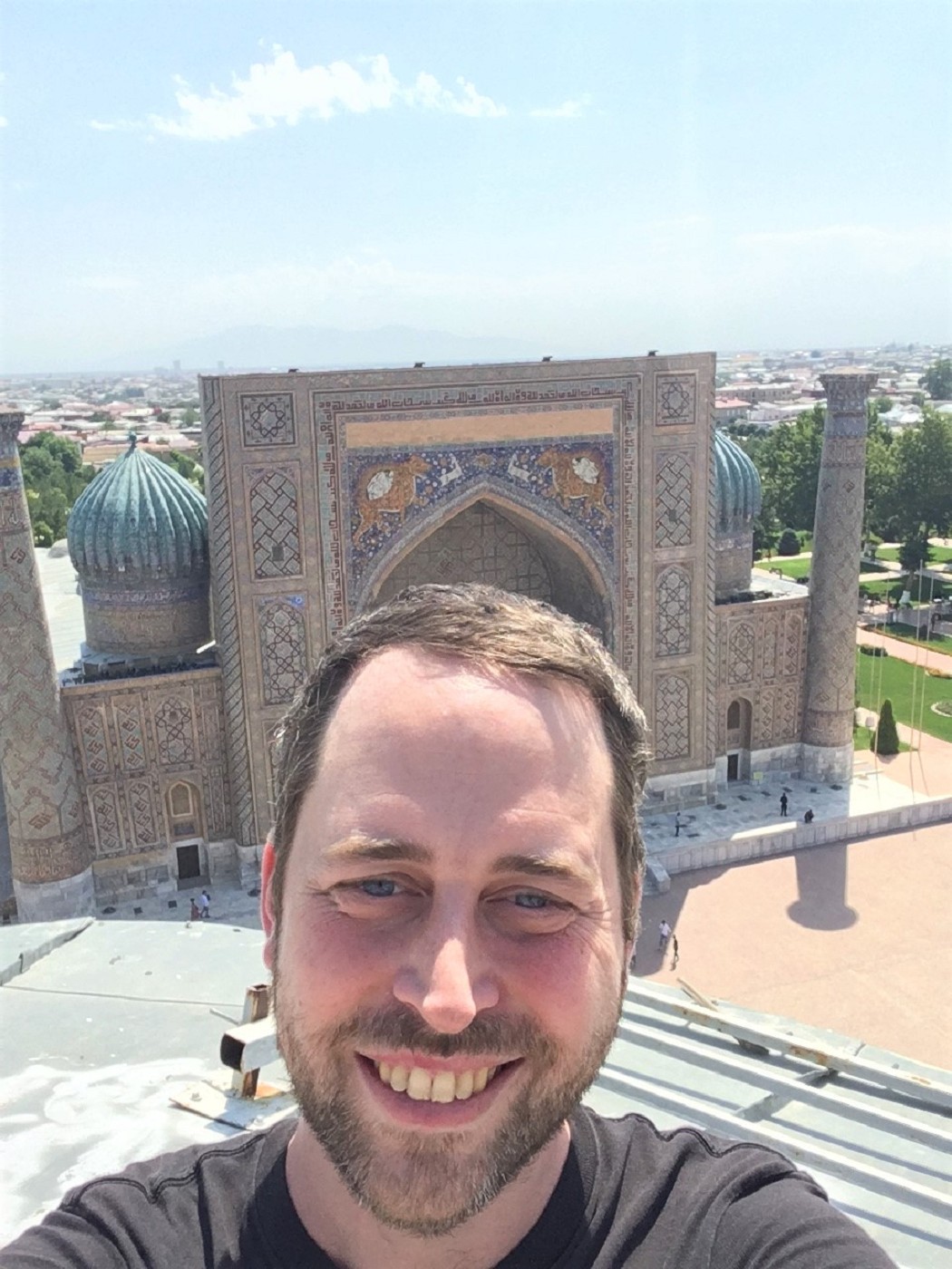 Selfie top of Ulugh Beg madrasah minaret Samarkand Uzbekistan