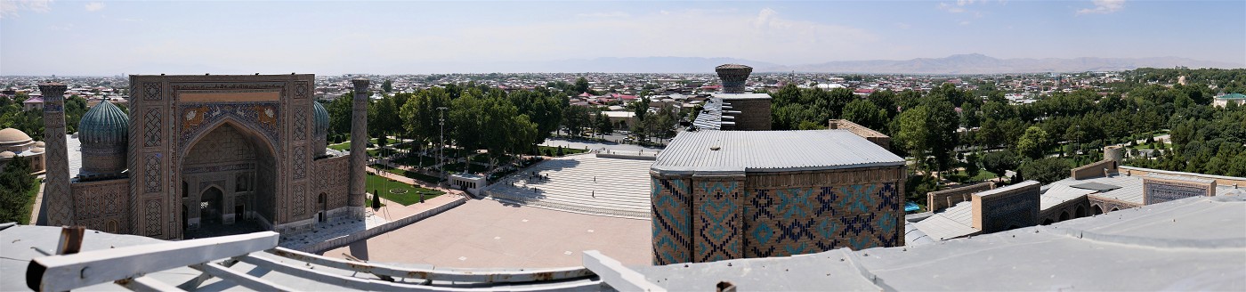 Registan Ulugh Beg Madrasah minaret climb panorama vista