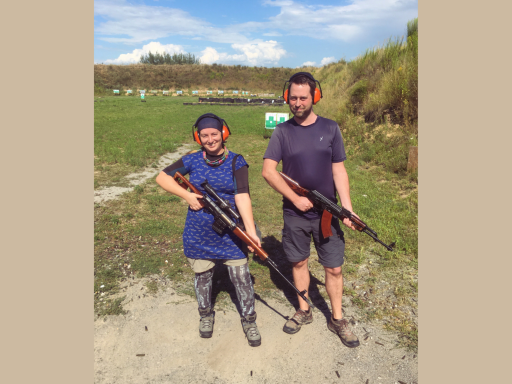 Jonas and I sniper rifle ak-47 kalashnikov in Ukraine shooting range tourism
