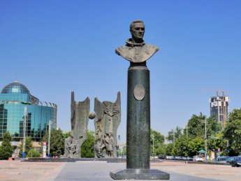 1 Dzhanibekov bust statue outside metro station Tashkent Uzbekistan