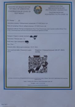 negative covid-19 PCR test results Uzbekistan Swiss Lab Tashkent international travel