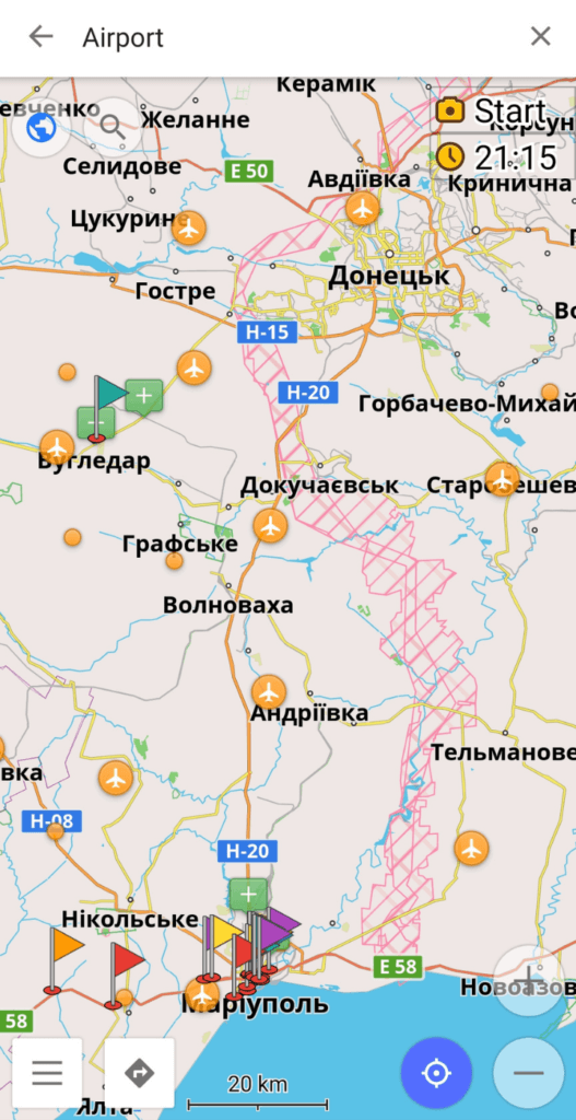 Open Street Maps apps in Ukraine frontline contact line in Donetsk Oblast Mariupol