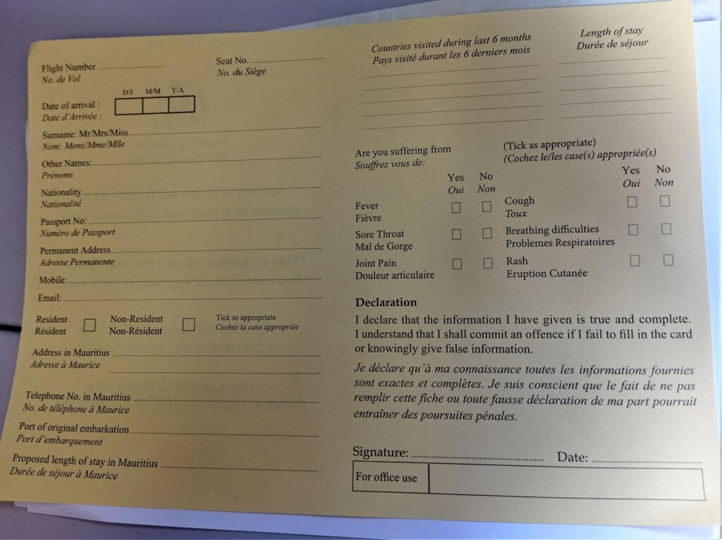 27 yellow form health declaration entry Mauritius 2021 coronavirus