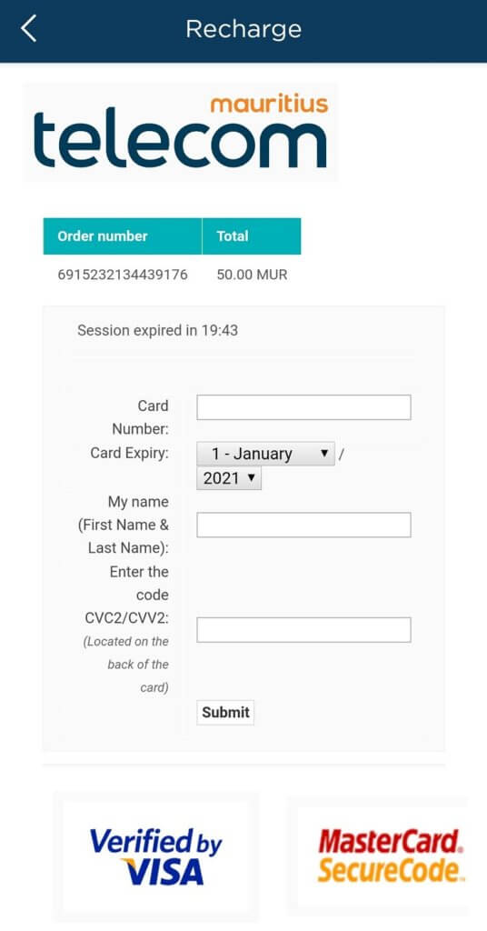 A9 payment screen my.t topup paying by credit card