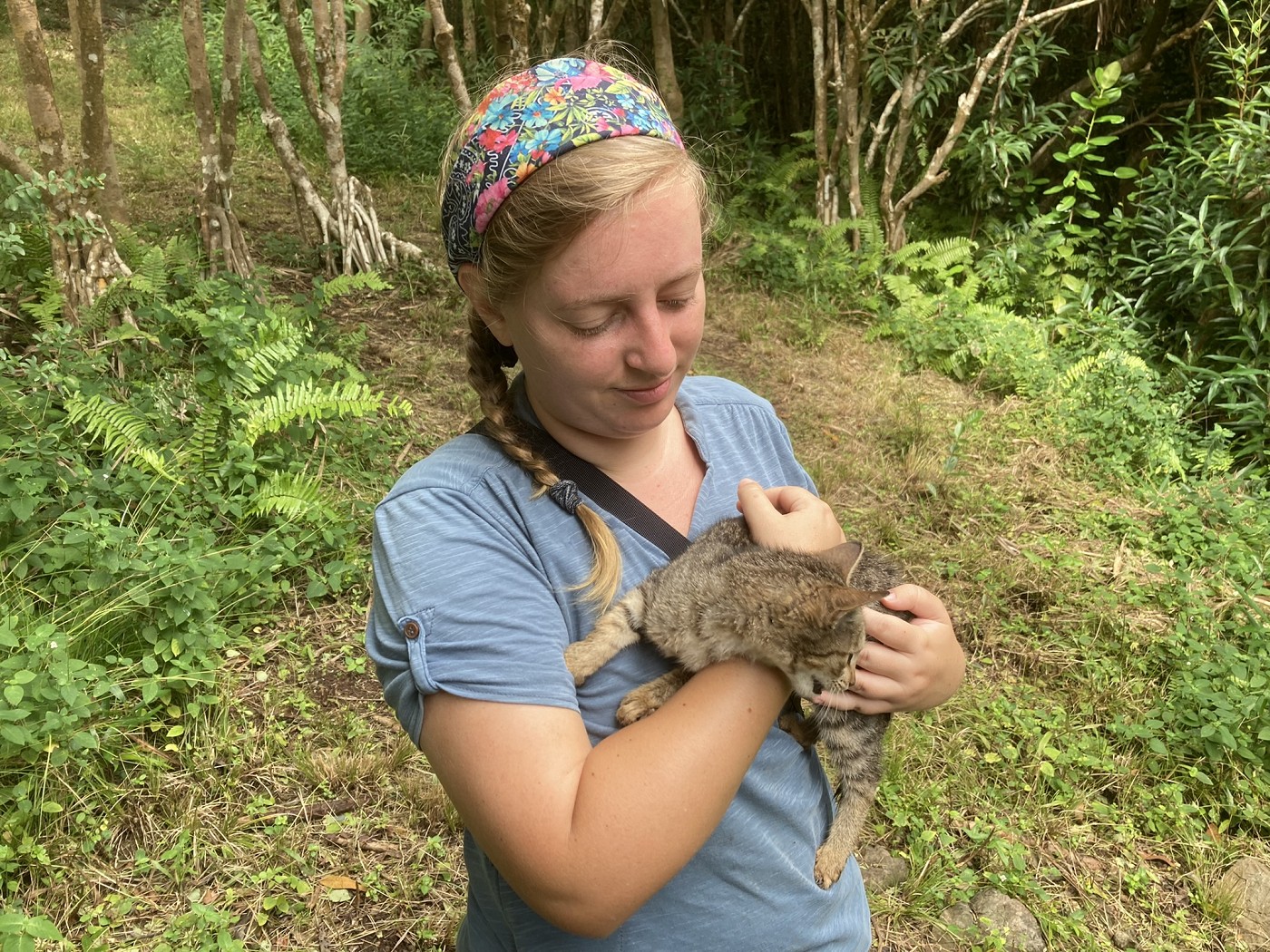 Iris holding dumped kitten Limon Confit at Mont Limon Rodrigues Mauritius