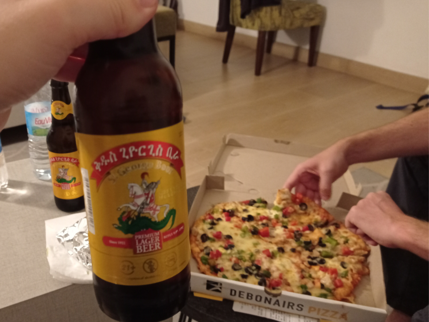 St George beer and Debonairs pizza in Addis Ababa