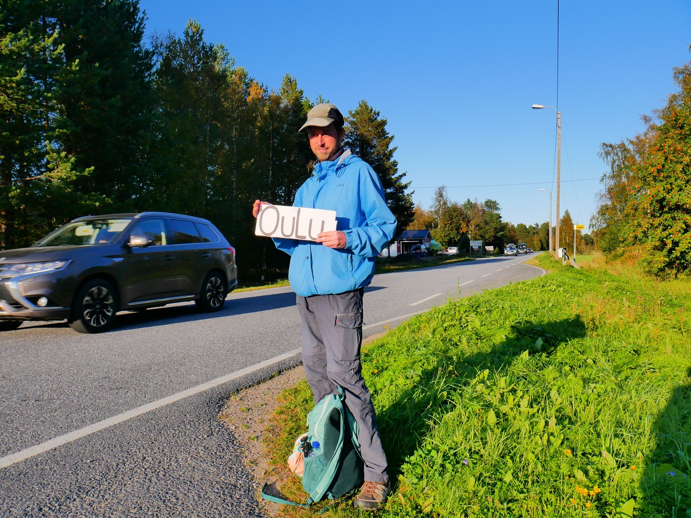 32 Jonas hitchhiking to Hailuoto ferry Oulu Finland