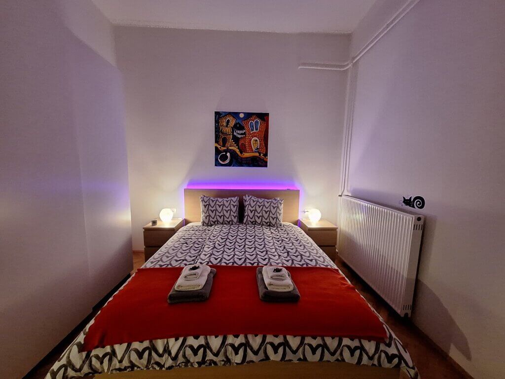 bed bedroom Scandinavian duvet setup Europe travel accommodation in Slovenia