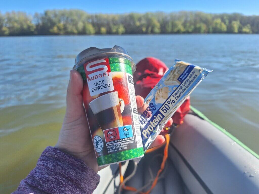protein bar and iced coffee breakfast Danube kayaking day 50
