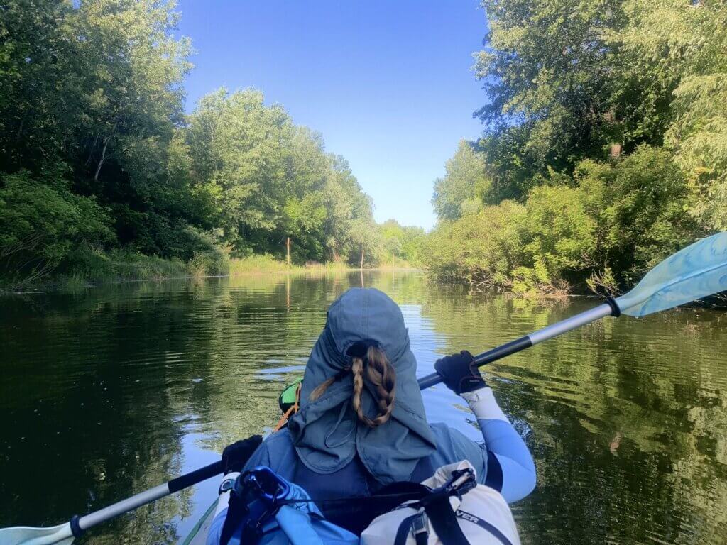 Iris kayaking Veliki Galijaš canal river Veliko Ratno Ostrvo Great War Island Belgrade Serbia nature tranquility birds