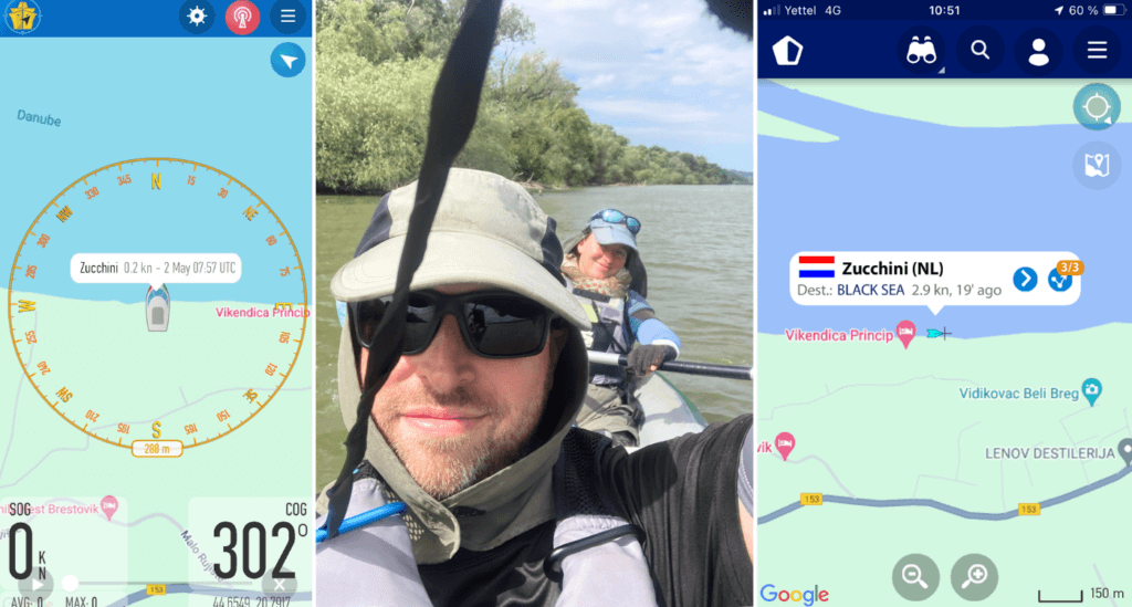 new Jonas sitting in the front of Zucchini the kayak live on Marine Traffic inflatable canoe Danube Serbia