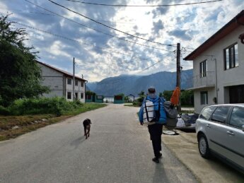 Jonas walking inflatable kayak Dubova Romania dog hostel guesthouse Danube