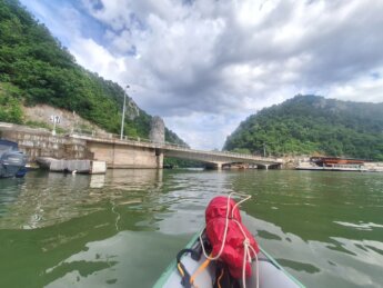 Decebalus statue Danube River approach by kayaking Romania Serbia Border travel Dacia Little Kazan Gorge Cazanele Mici Mali Kazan Klisura canyon