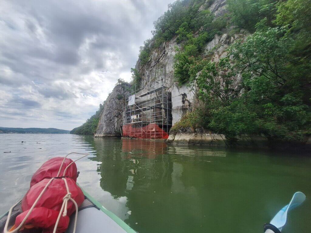 Tabula Traiana approach by kayak Danube River Iron Gate I Dam moved up historic site Roman Empire Dacia under maintenance construction renovation Serbia