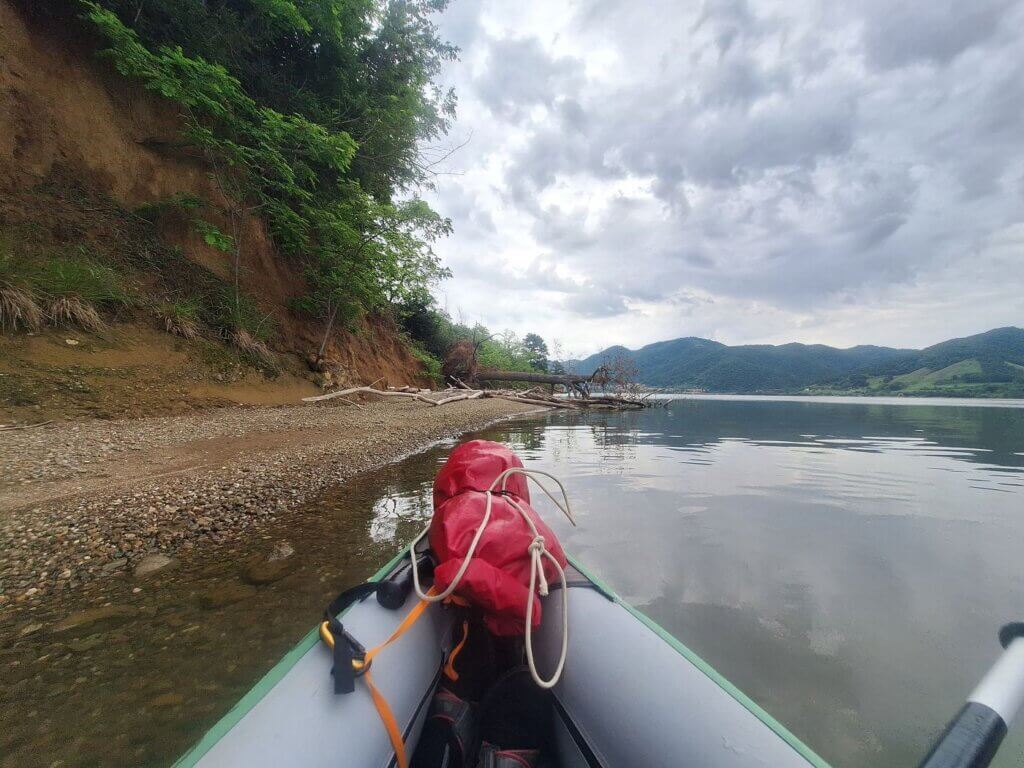 landing spot near Eselnita Romania kayaking Danube River narrow beach landing Orsova Basin Valley