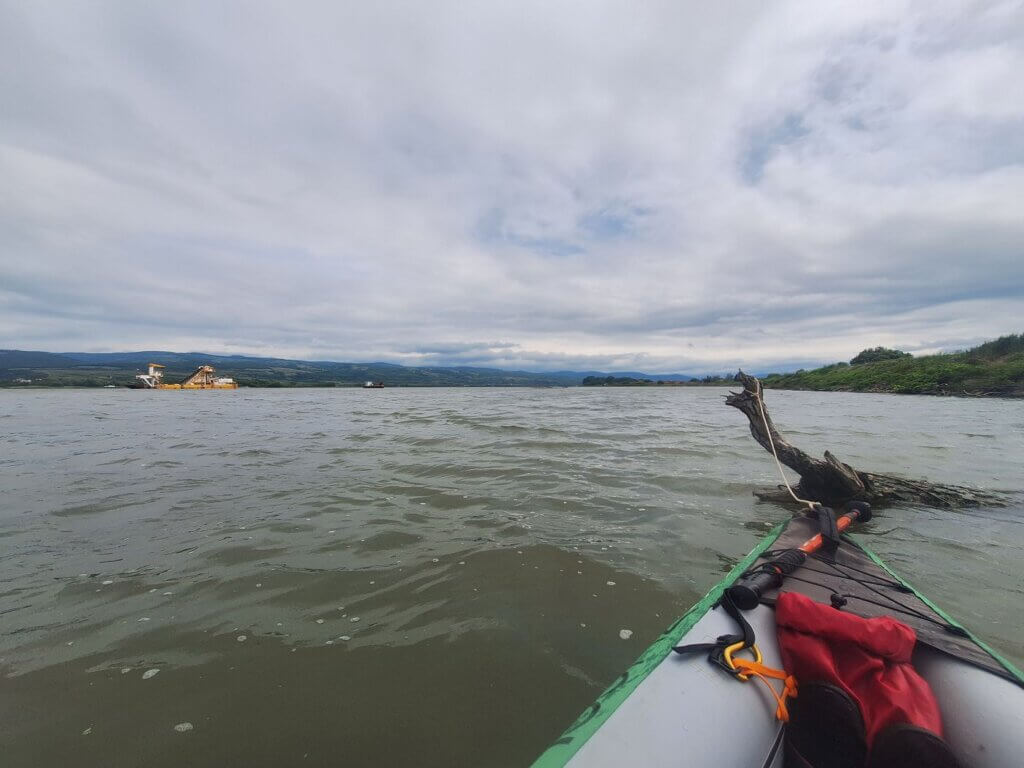 mooring stick kayaking headwind Kosava Danube River Serbia aggregate sediment harvesting mining ship