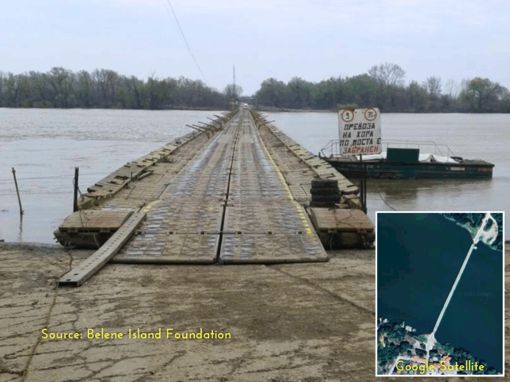 Belene island foundation pontoon bridge to the island military infrastructure Bulgaria Danube River satellite view