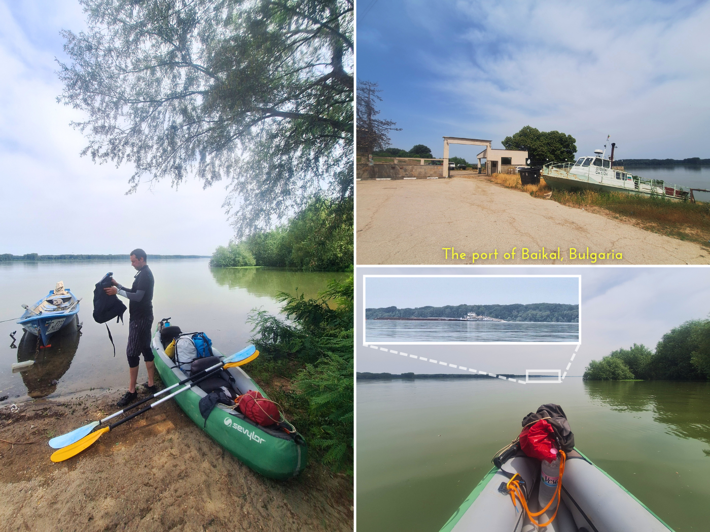kayaking Danube River Restaurant Chalet Baikal lunch stop shadow fishing boat inflatable kayak Zucchini Bulgaria paddling