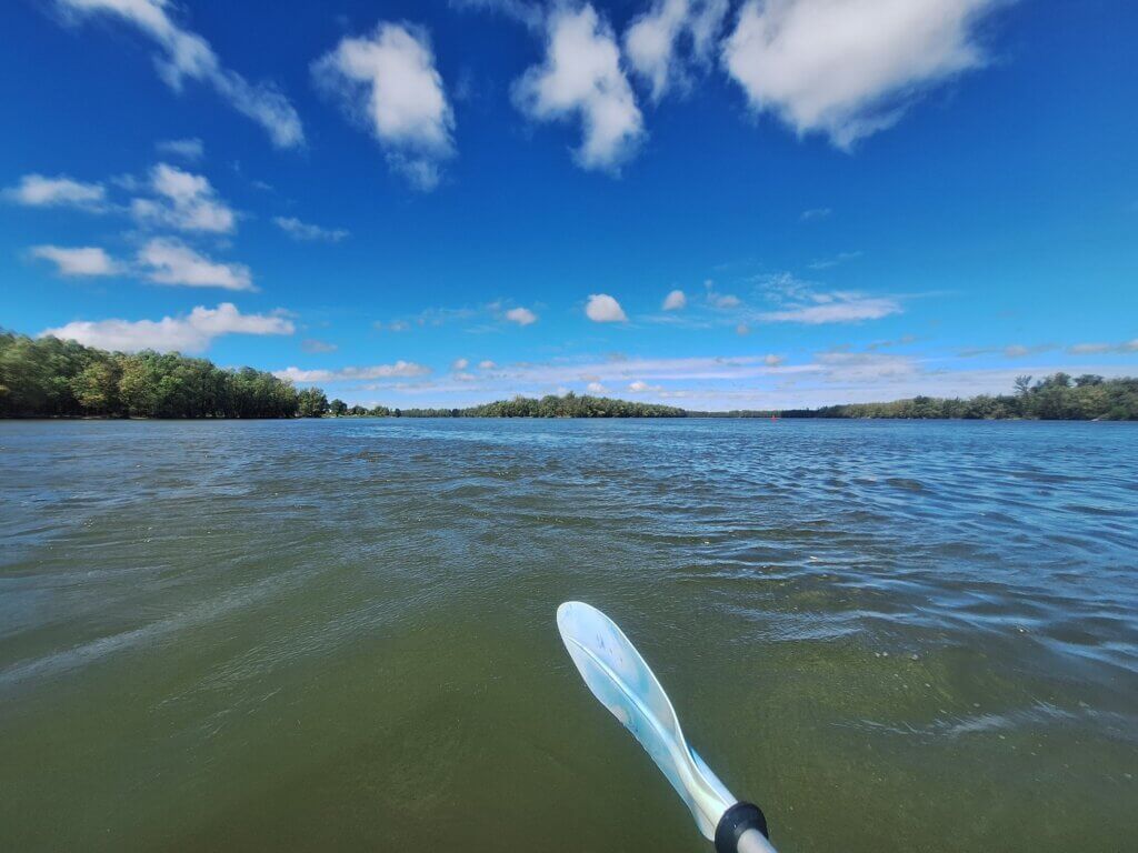 Confluence of the Drava and Danube rivers as seen from a kayak wide angle photo 2024 Serbia Croatia