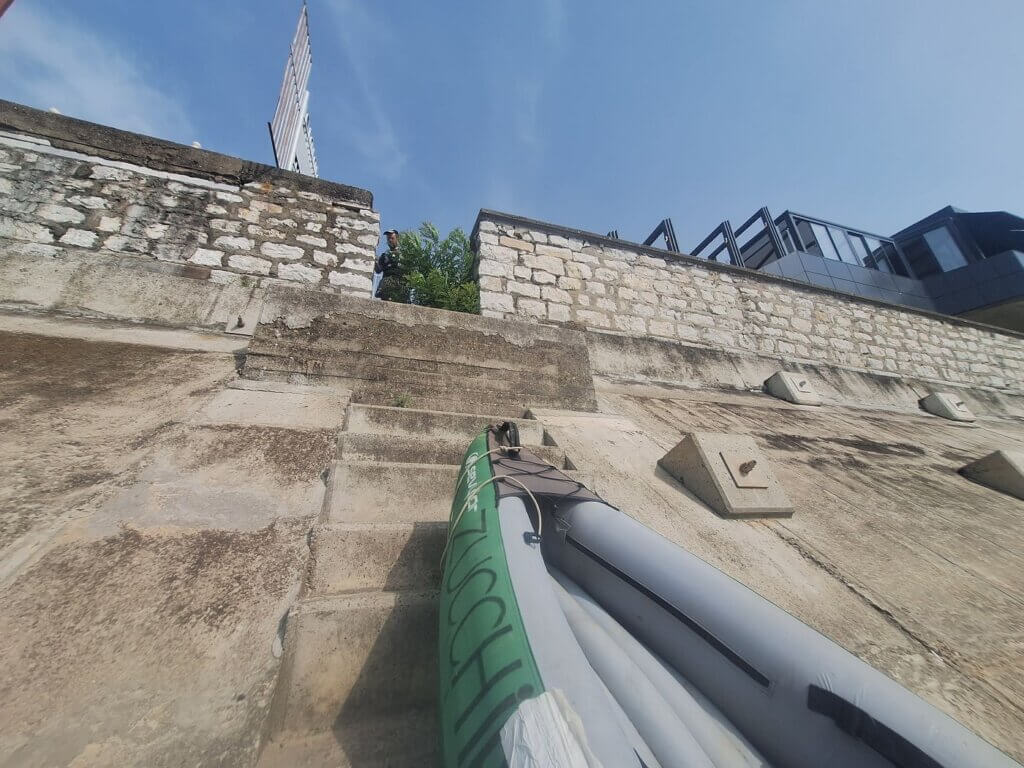 steep embankment Rechna Gara Zucchini the inflatable kayak landing spot customs immigration Bulgaria Danube River