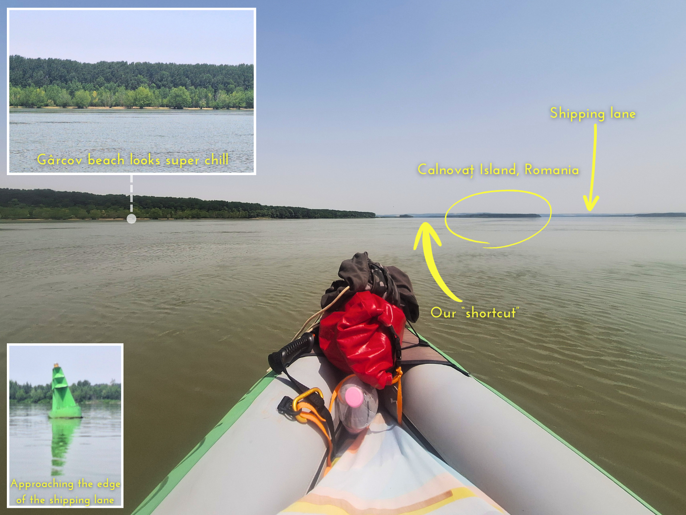 kayaking the Danube River Oryahovo to Nikopol 14 26 in the afternoon 20 June 2024 Insula Calnovat Calinovat Island Romania shortcut shipping lane river Garcov Beach