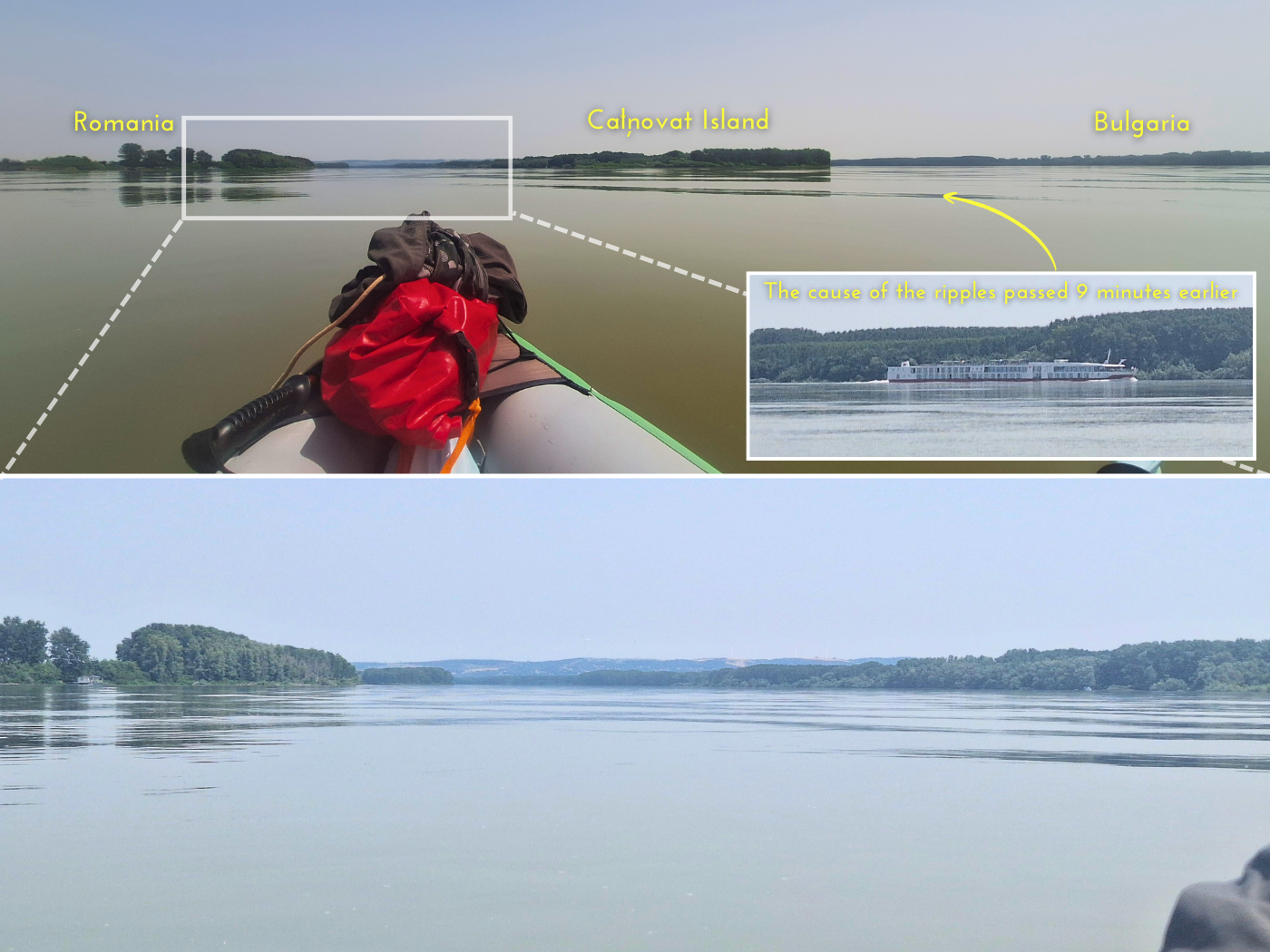 kayaking Danube River to the Black Sea day 72 shortcut Calnovat Island Romania shipping lane alternative cruise ship Bulgaria border area