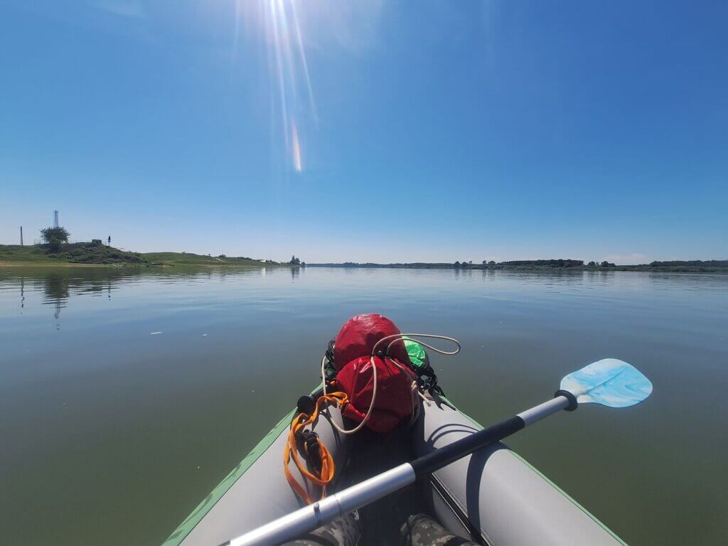 Zucchini the kayak at trifrontera triple border Romania Serbia Bulgaria Timok River memorial marker