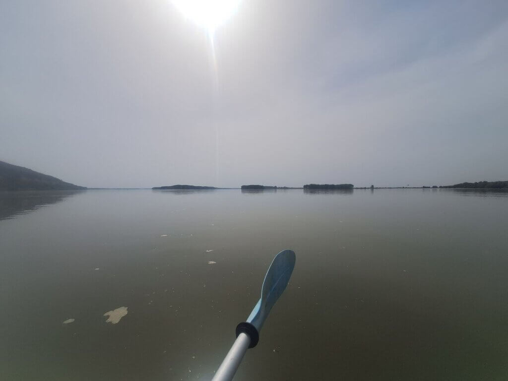 looking back to Calnovat Island and branches river islands Danube Bulgaria and Romania Olt River mouth confluence