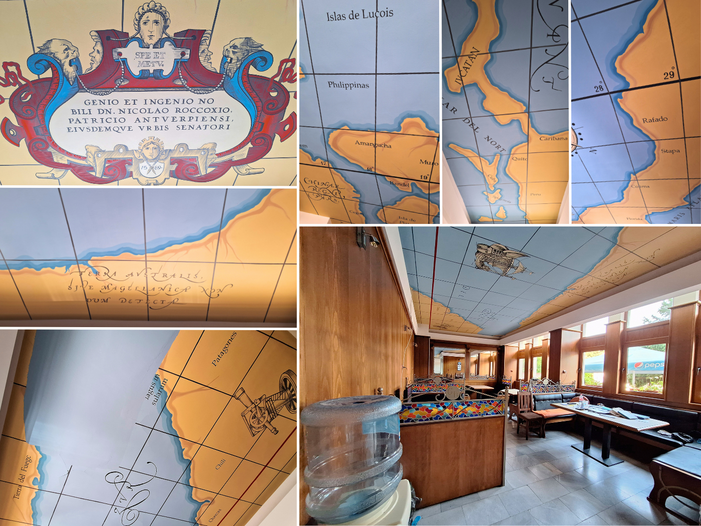 Gold Hotel Nikopol Bulgaria breakfast room ceiling fantasy world map nonsense patagonia