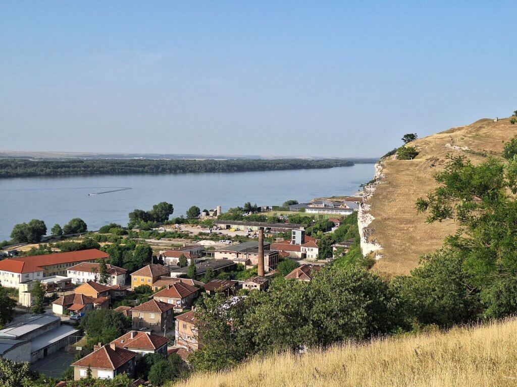 cliffs Nikopol north Bulgaria Danube River white chalk cliff border area Romania Turnu Magurele speed boat summer travel