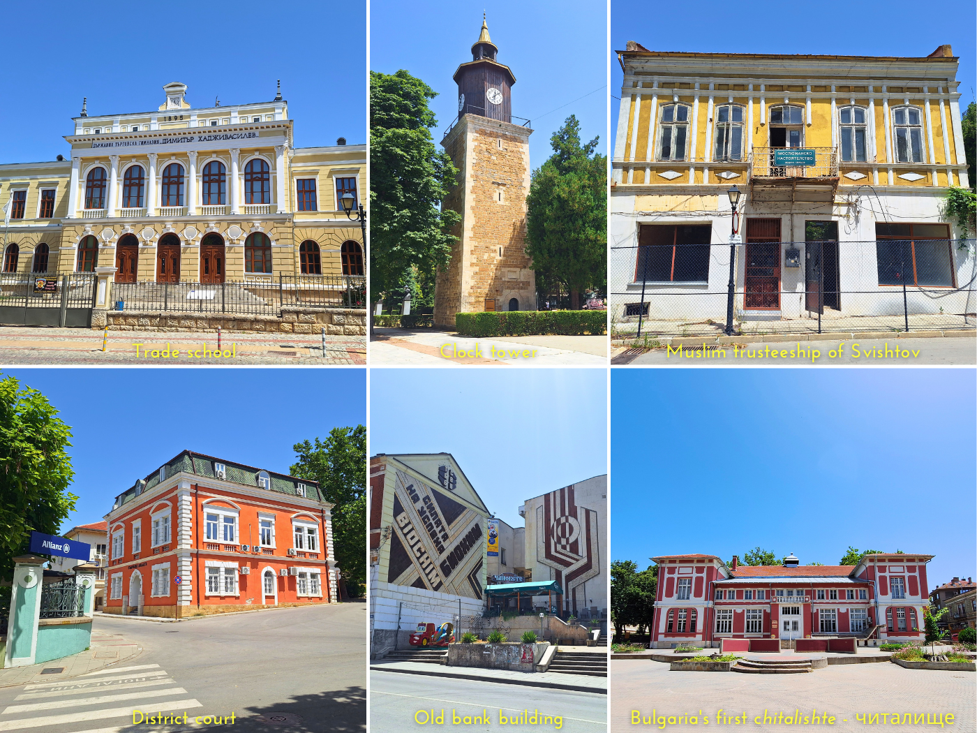 sights around Svishtov buildings clock tower Chitalishte Bulgaria Danube river school Muslim association
