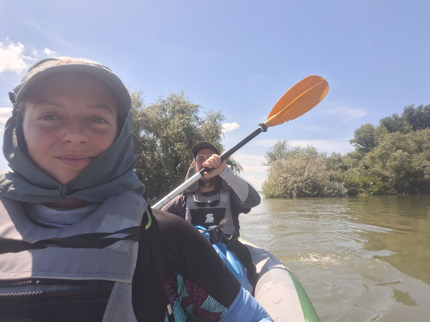 Jonas Iris Veldwijk kayaking Danube River Ostrovul Chichinetelor island Romania paddling between the trees