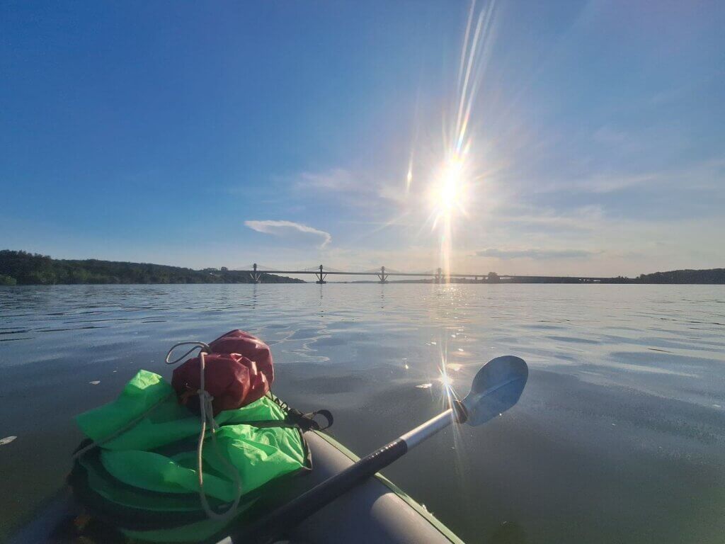 Zucchini the inflatable kayak Calafat Romania Vidin Bulgaria border bridge Danube River paddling EU Schengen zone border