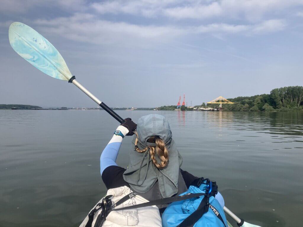 Iris Veldwijk kayaking port of Vidin Bulgaria border crossing Danube River paddling from Calafat Romania