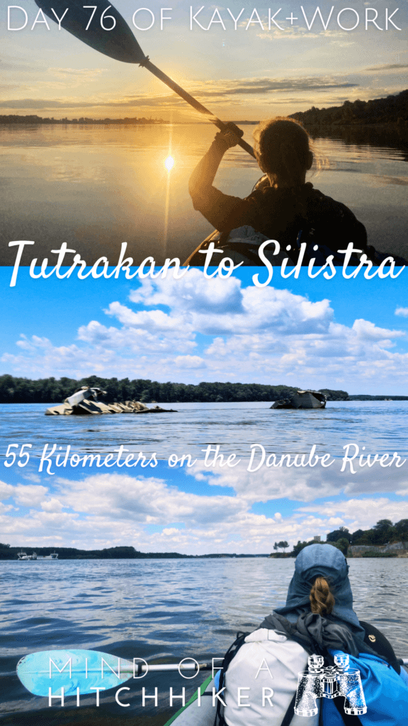 pin kayak trip day 76 Tutrakan to Silistra collage kayaking Danube River sunrise shipwreck
