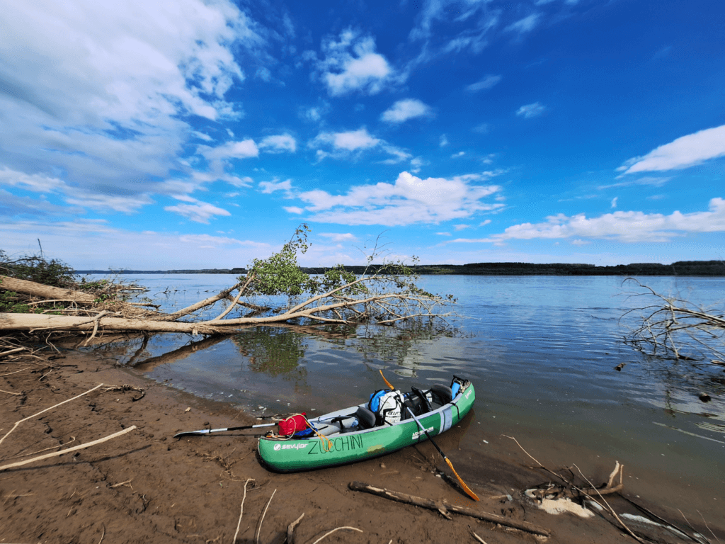 Zucchini the inflatable kayak on a beach Little Garvan Island Slavyanin Bulgaria Danube Romanian border area beak pause kayaking Tutrakan to Silistra