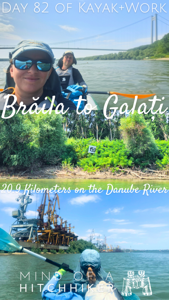 pin kayak trip day 82 Braila to Galati Romania last bridge across the Danube collage kilometer sign port of call